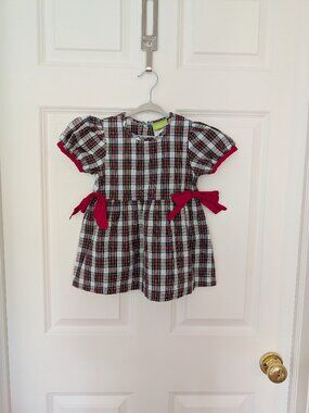 Classical Whimsy White Christmas Plaid Dress Red Bows Puff Sleeve Holiday Girls